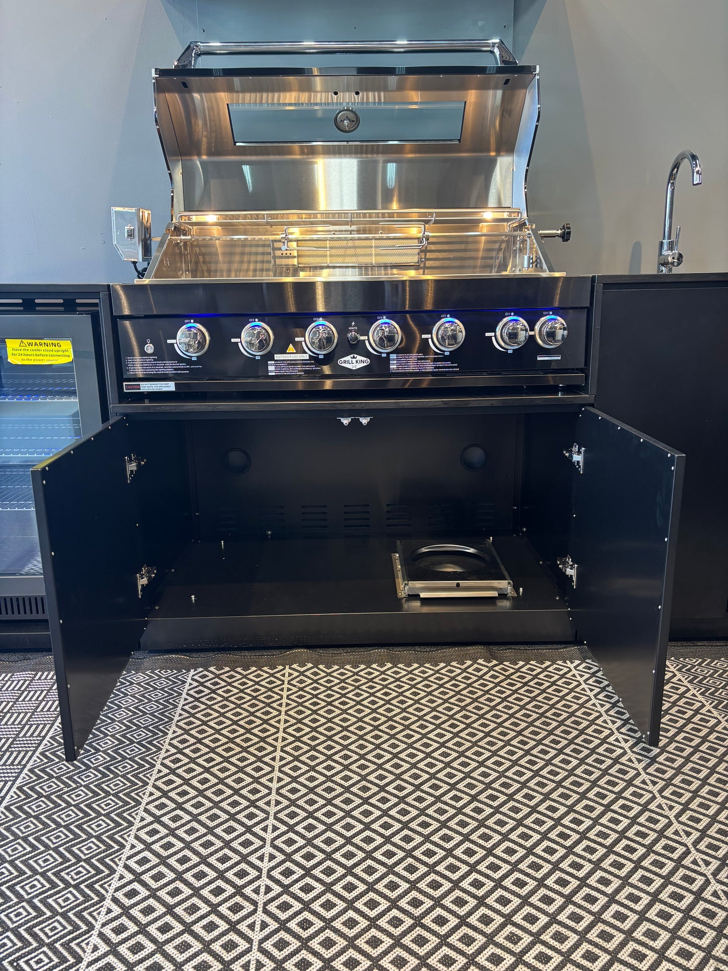 Grill King Signature Series 6 Burner Outdoor BBQ Kitchen Package – Black Stone Benchtop, Black Aluminium Cabinets, Built-In BBQ + Rotisserie