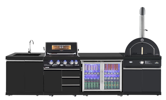Kingsley 4 Burner Non Wok Black Stainless Steel BBQ Package Inc Pizza Oven, 2DR Fridge, 2DR Sink