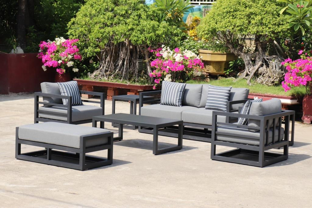 7 Piece Charcoal Aluminium Hampton Style Outdoor Furniture Lounge Set Weather Resistant 3 Seater, 1+1 + Coffee Table & 2x Side tables