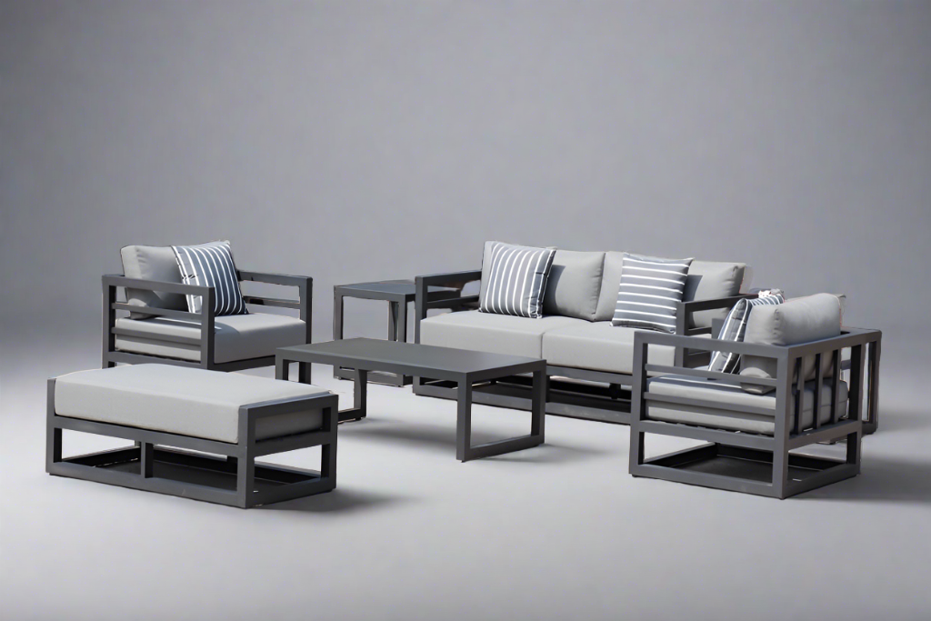 7 Piece Charcoal Aluminium Hampton Style Outdoor Furniture Lounge Set Weather Resistant 3 Seater, 1+1 + Coffee Table & 2x Side tables