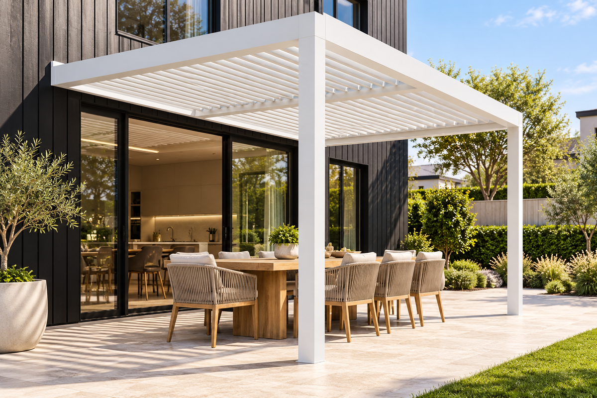GazeboMate 3m × 4m Wall-Mounted Aluminium Louvered Pergola – Privacy Screen & Wall Options