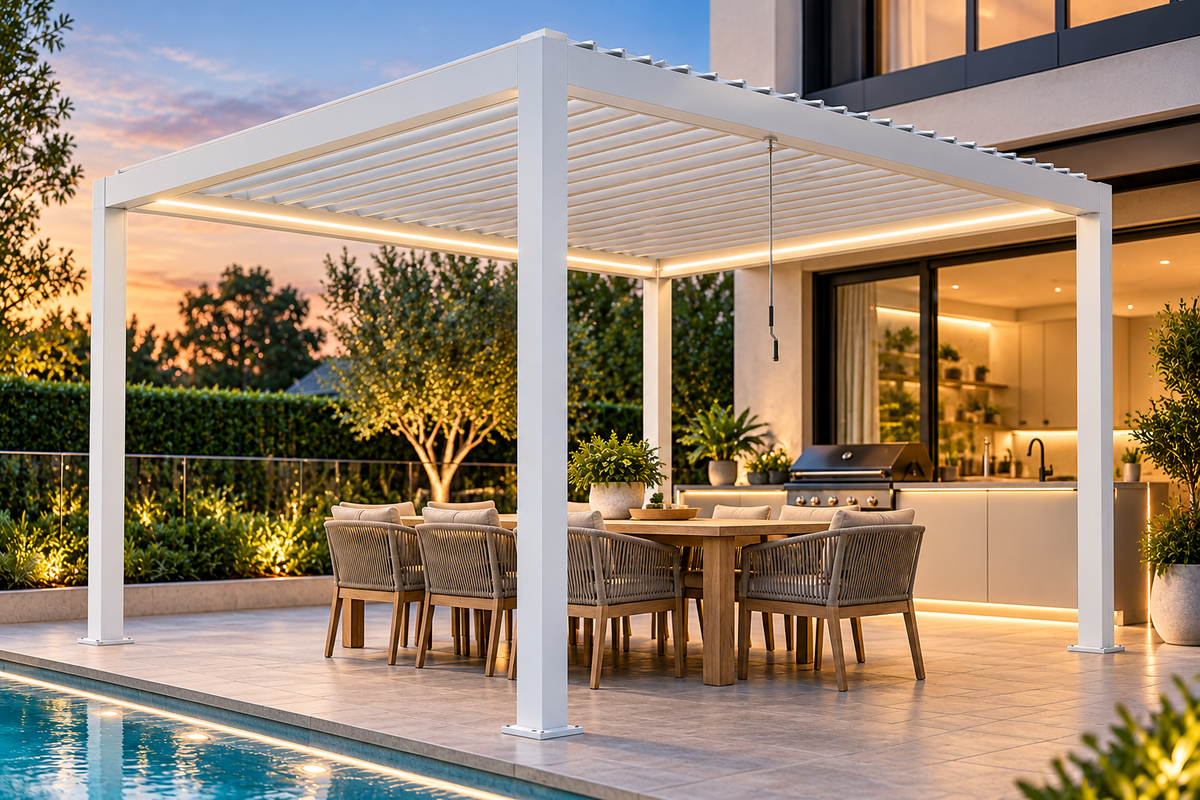 GazeboMate 4m × 5m White Aluminium Louvered Gazebo + Retractable Privacy Screen Combo