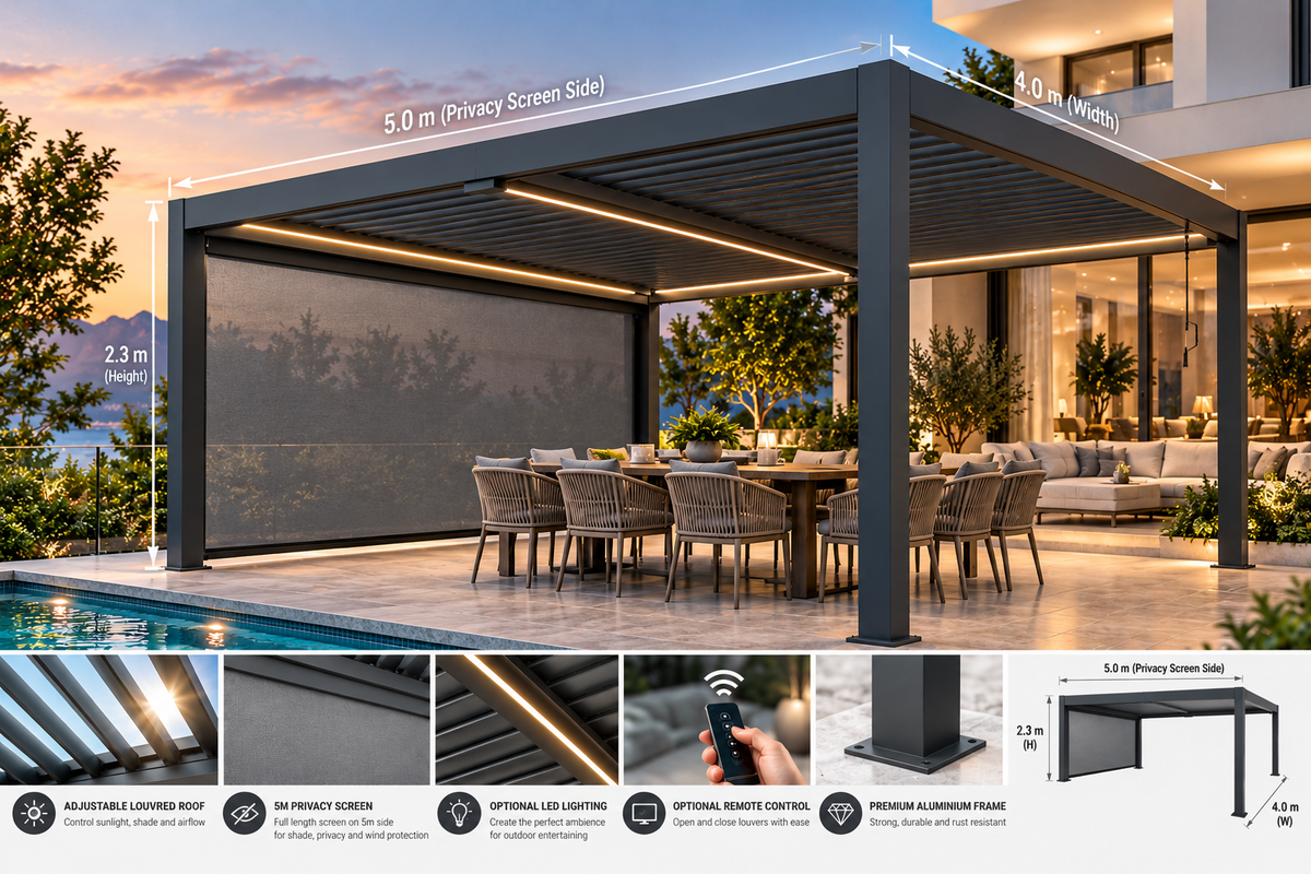 GazeboMate 4m × 5m Monument Aluminium Louvered Gazebo + Retractable Privacy Screen Combo