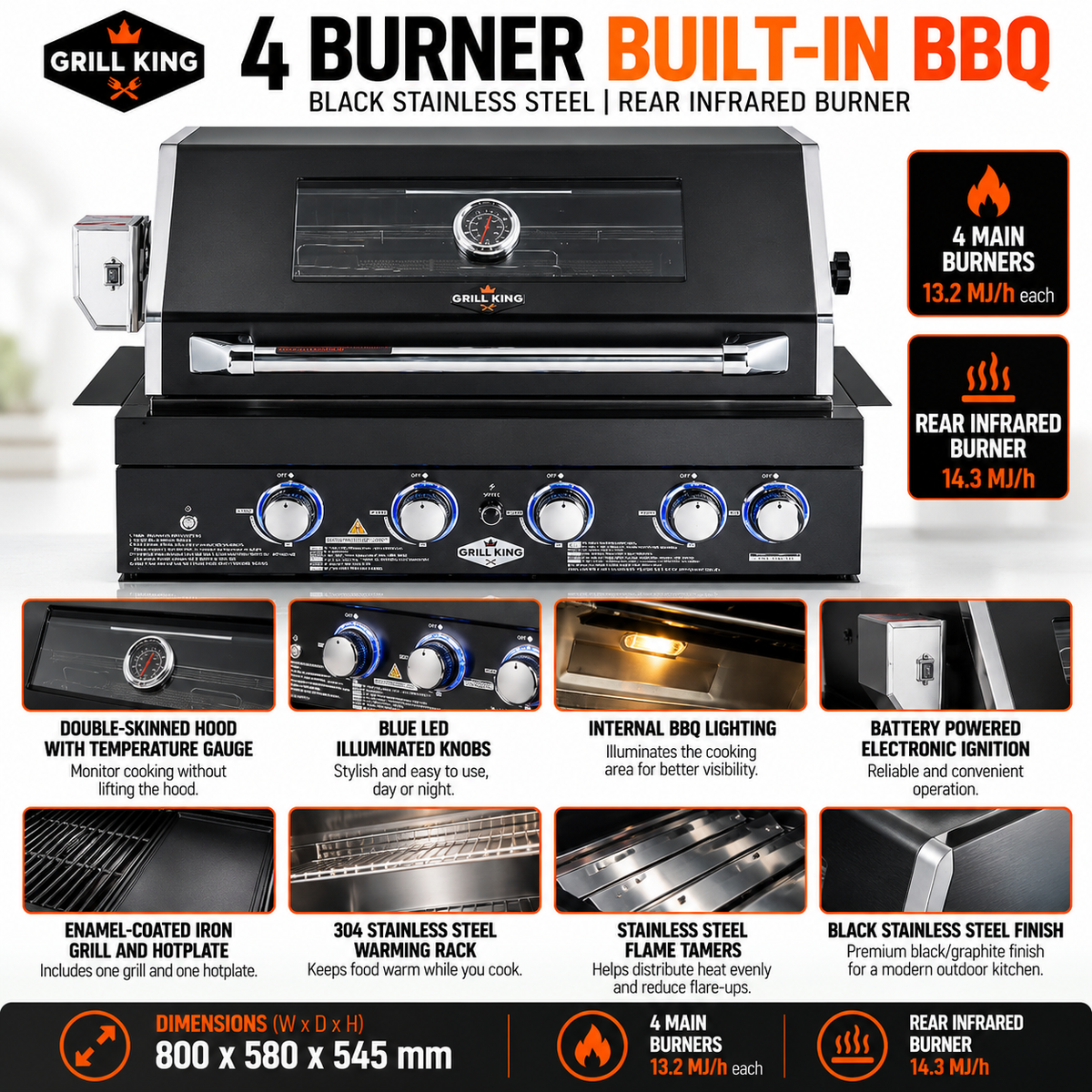 Grill King 4 Burner Built-In BBQ with Rear Infrared Burner – Black 304 Stainless Steel & Blue LED Knobs