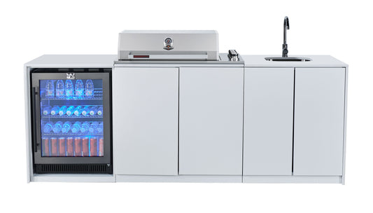 Grill King Signature Series Outdoor BBQ Kitchen Package | White Stone Benchtop, White Alloy Cabinets Inc 4 Burner Drop-In BBQ