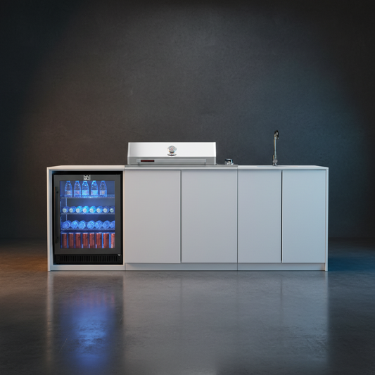 Grill King Signature Series Outdoor BBQ Kitchen Package | White Stone Benchtop, White Alloy Cabinets Inc 4 Burner Drop-In BBQ