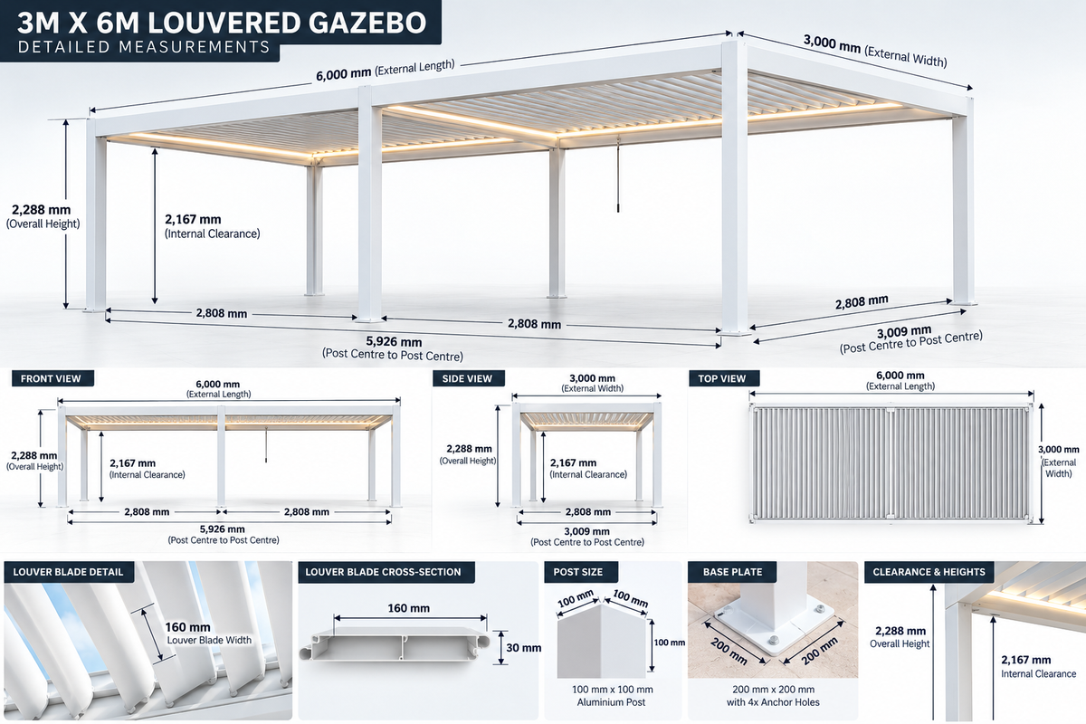 GazeboMate 3m × 6m Monument Aluminium Louvered Gazebo – Adjustable Roof Pergola