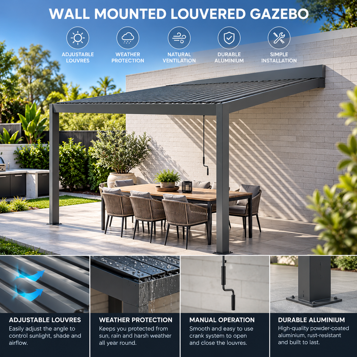 GazeboMate 3m × 4m Wall-Mounted Aluminium Louvered Pergola – Privacy Screen & Wall Options