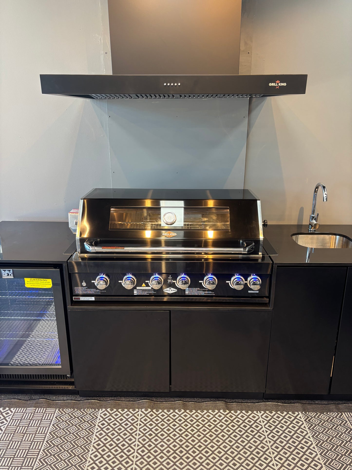 Grill King Signature Series 6 Burner Outdoor BBQ Kitchen Package – Black Stone Benchtop, Black Aluminium Cabinets, Built-In BBQ + Rotisserie