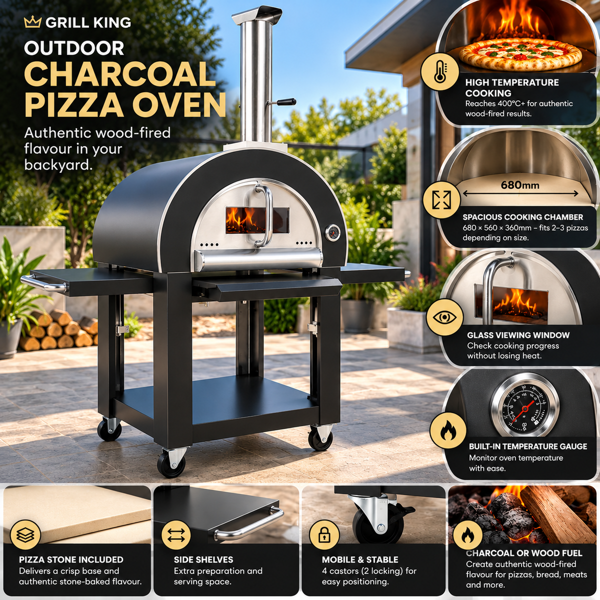 Grill King Outdoor Charcoal Pizza Oven – Black Stainless Steel | Wood-Fired Pizza Oven with Trolley