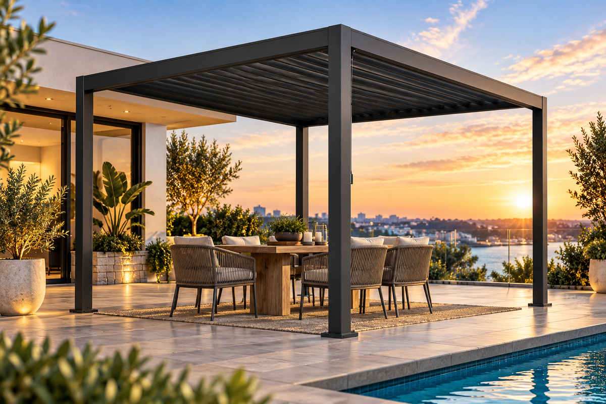 GazeboMate 4m × 5m Monument Aluminium Louvered Gazebo + Retractable Privacy Screen Combo