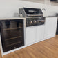 Grill King Signature Series Outdoor BBQ Kitchen Package – Rockpool White Stone Bench-Top, White Aluminium Cabinets | 4-Burner Built-In BBQ + Rotisserie + 150L Outdoor Fridge