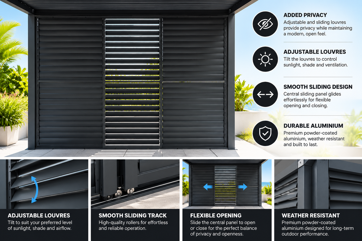 GazeboMate 3m Aluminium Louvered Pergola + Sliding Shutter Wall Combo – Monument