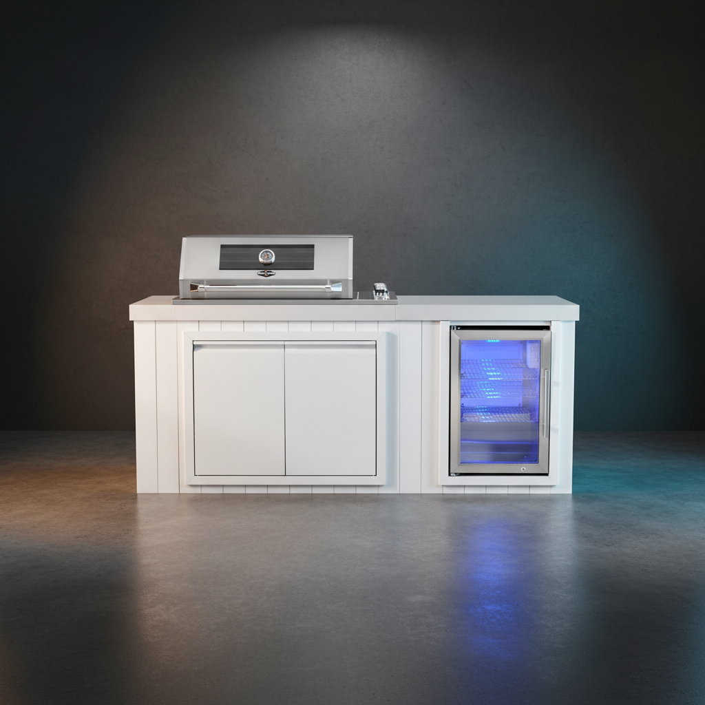 Grill King Signature Outdoor BBQ Kitchen – 4 Burner | Stainless Steel BBQ with White Aluminium Cabinetry & Stone Benchtop