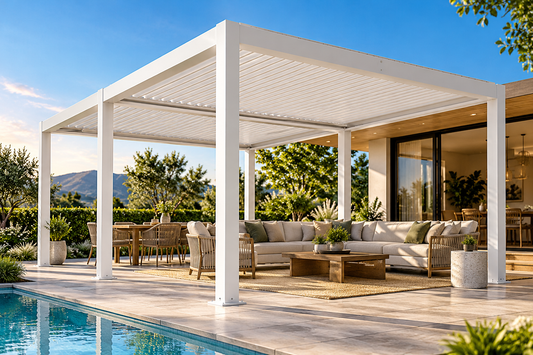 GazeboMate 3.6m × 7.2m White Aluminium Louvered Gazebo – Adjustable Roof Pergola