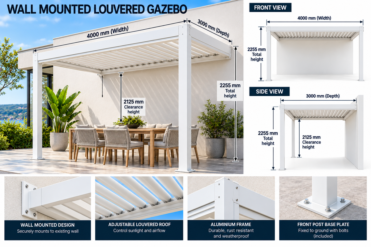 GazeboMate 3m × 4m Wall-Mounted Aluminium Louvered Pergola – Privacy Screen & Wall Options