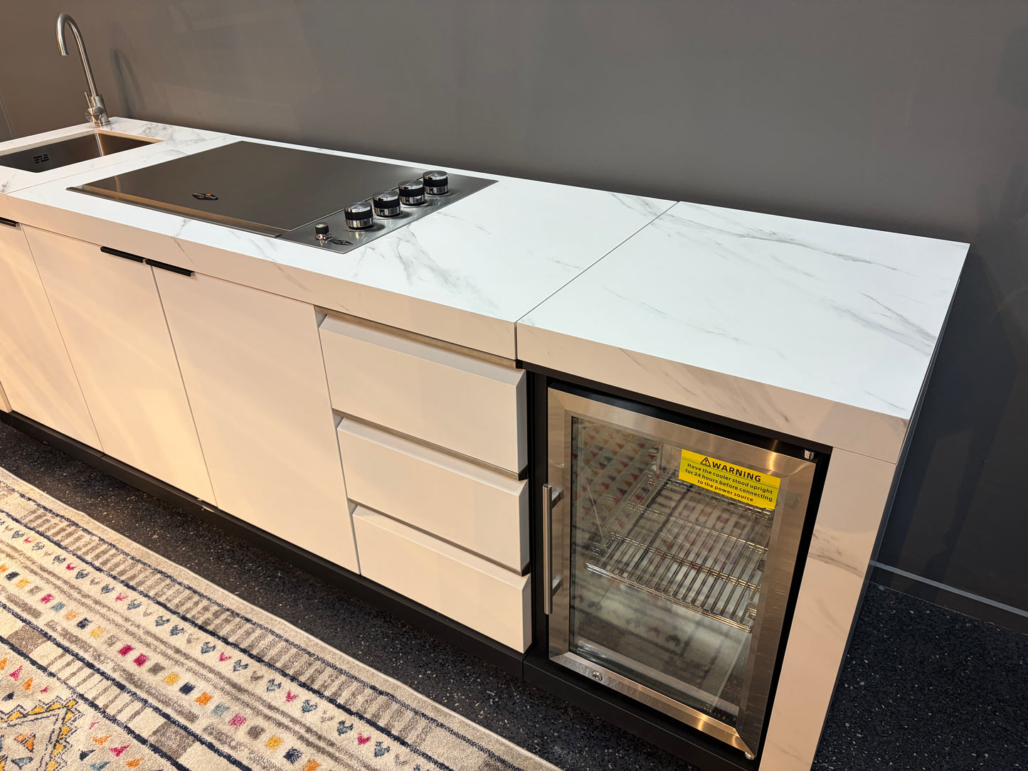 Floor Stock Rockpool White 4B Drop In Flat Hood BBQ Kitchen Inc Sintered Stone Benchtops, Aluminium Cabinets, Fridge & Sink