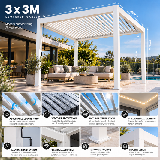 GazeboMate 3m × 3m White Aluminium Louvered Gazebo – Adjustable Roof Pergola