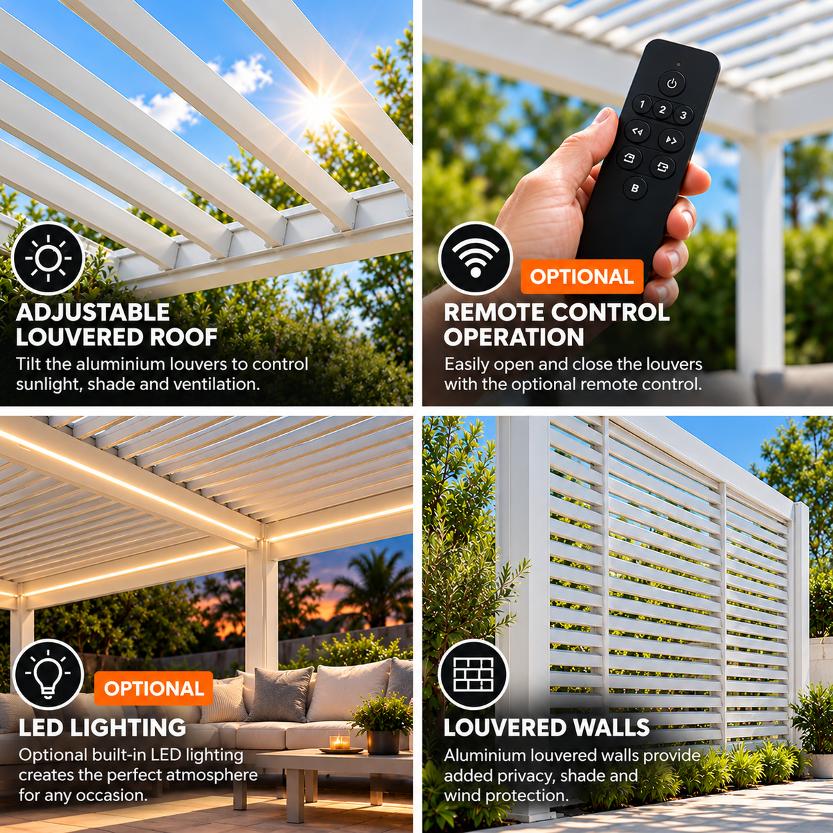 GazeboMate 3m x 4m White Aluminium Louvered Gazebo + Adjustable Privacy Wall Combo