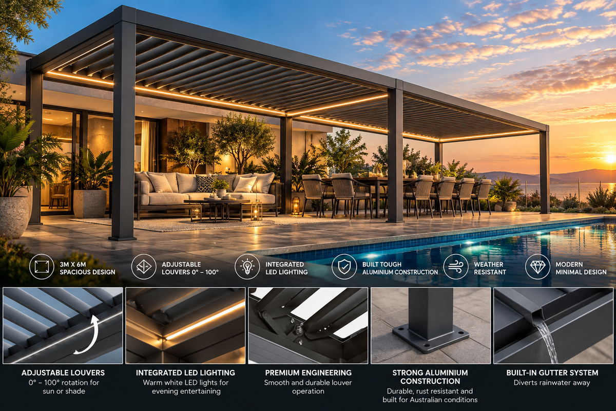 GazeboMate 3m × 6m Monument Aluminium Louvered Gazebo – Adjustable Roof Pergola