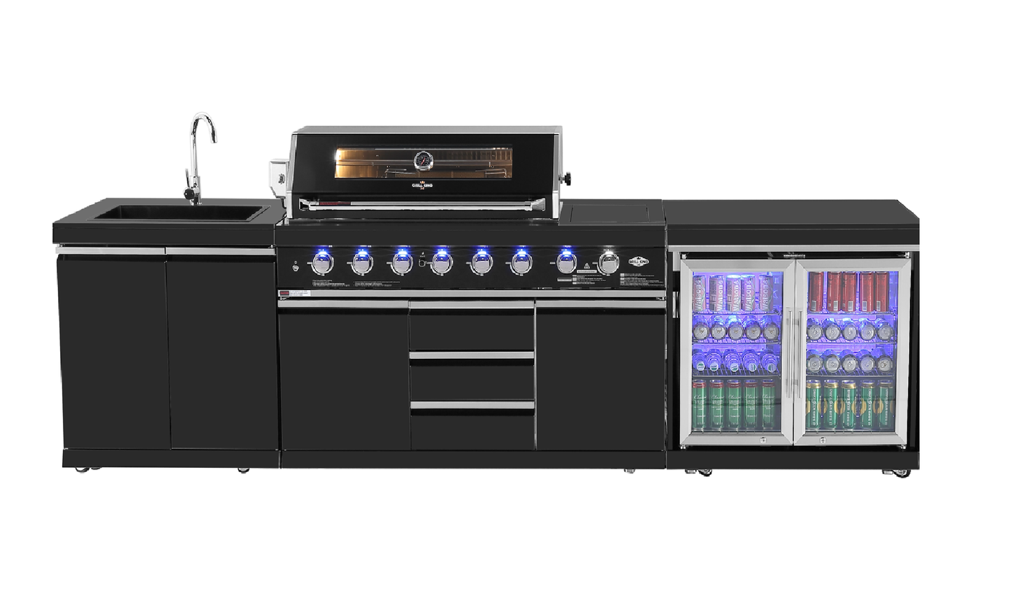 Kingsley 6-Burner Outdoor BBQ Kitchen: Black Stainless Steel, Stone Bench, Fridge, Sink, Height Adjustable, Rotisserie with BBQ Cover