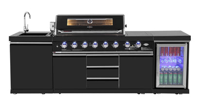 test rey 1 Kingsley 6-Burner Outdoor BBQ Kitchen: Black Stainless Steel, Stone Bench, Fridge, Sink, Height Adjustable, Rotisserie with BBQ Cover