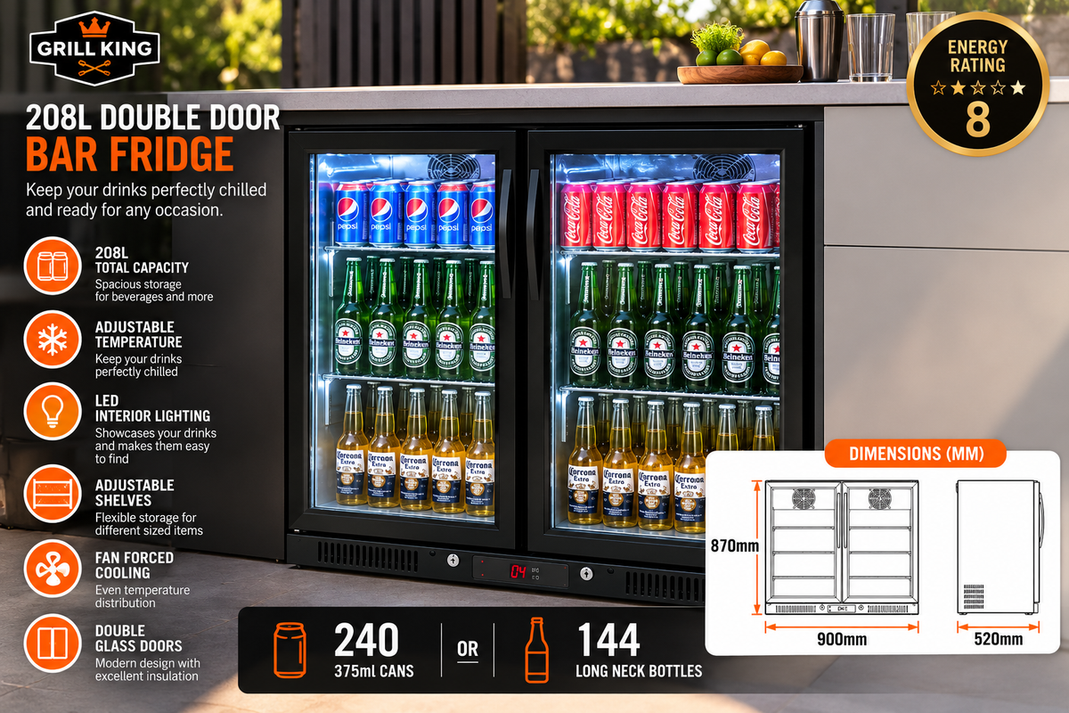 Bar Fridge King 208L Double Door Bar Fridge – Black Stainless Steel, Triple-Glazed Glass & Digital Temperature Control