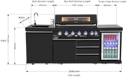 6 Burner Non Wok Black Stainless Steel BBQ Kitchen: Stone Bench, Fridge, Sink, Height Adjustable, Rotisserie with BBQ Cover