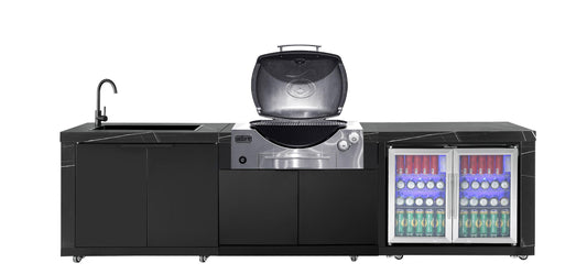 Rockpool Black Outdoor BBQ Kitchen Package to Suit Weber Family Q Inc Fridge, Sink, Faucet, BBQ Cover