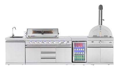 test rey 1 Hurricane 304 Stainless Silver 6 Burner Outdoor Kitchen w/ Fridge, Sink & Pizza Oven Bundle