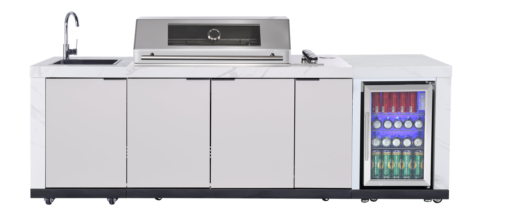 Rockpool White 6B Drop In Raised Hood BBQ Kitchen Inc 3 Draws, Castors, Weather Resistant & Stone Benchtops