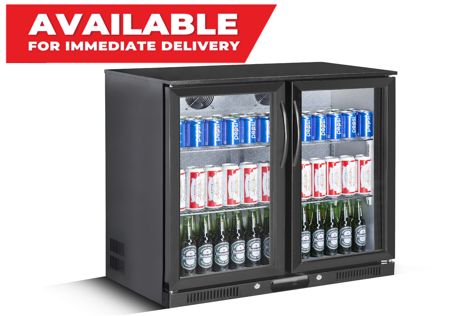 Tropical Rated Triple Glazed 208L Double Door Under-bench Commercial Bar Wine Fridge Drinks Chiller in Black