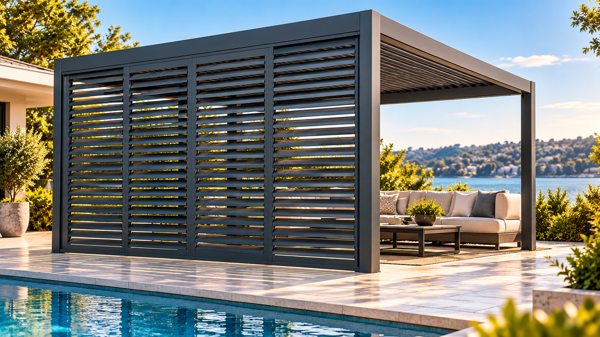 GazeboMate 3m Aluminium Louvered Pergola + Sliding Shutter Wall Combo – Monument