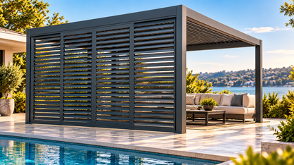 GazeboMate 3m Aluminium Louvered Pergola + Sliding Shutter Wall Combo – Monument