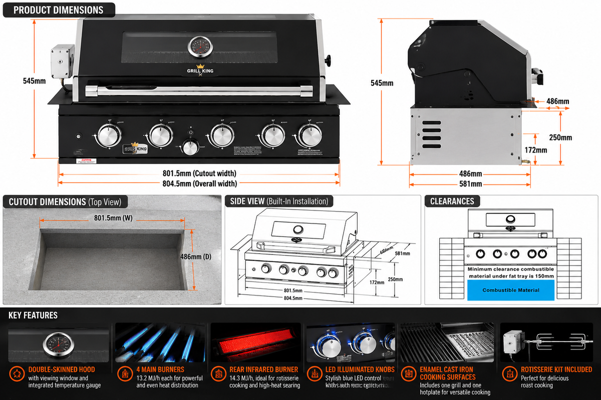 Grill King 4 Burner Built-In BBQ with Rear Infrared Burner – Black 304 Stainless Steel & Blue LED Knobs