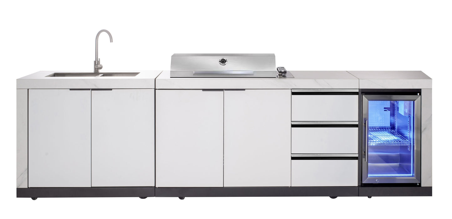 Rockpool White 4B Raised Hood BBQ Kitchen + 3 Draws Module (BBQ Only Fridge Sink Sold Seperate) - LPG Inc Rotisserie & BBQ Cover
