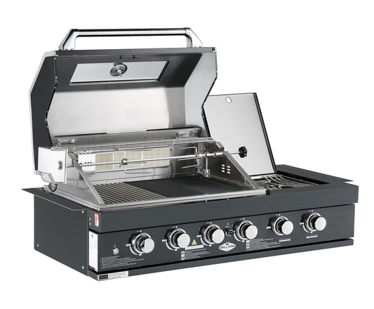 4 Burner + Wok Built In BBQ With Rear Infrared Burner | Black 304 Stainless Steel, Blue LED Knobs