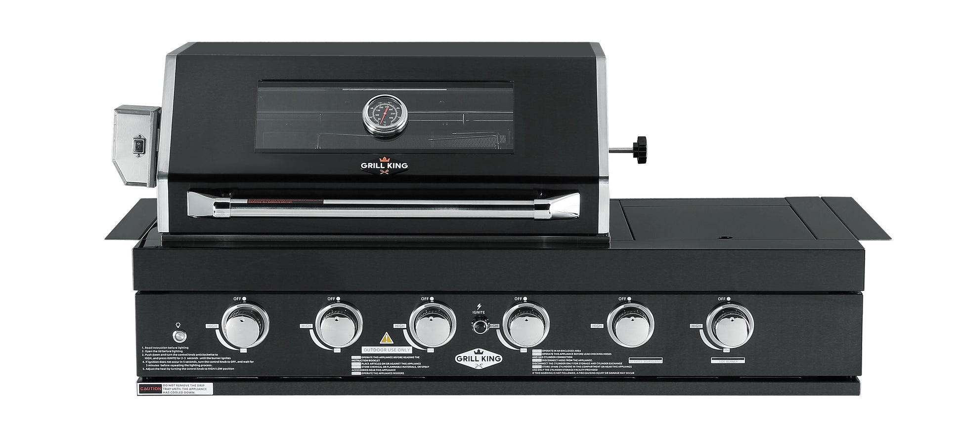 4 Burner + Wok Built In BBQ With Rear Infrared Burner | Black 304 Stainless Steel, Blue LED Knobs