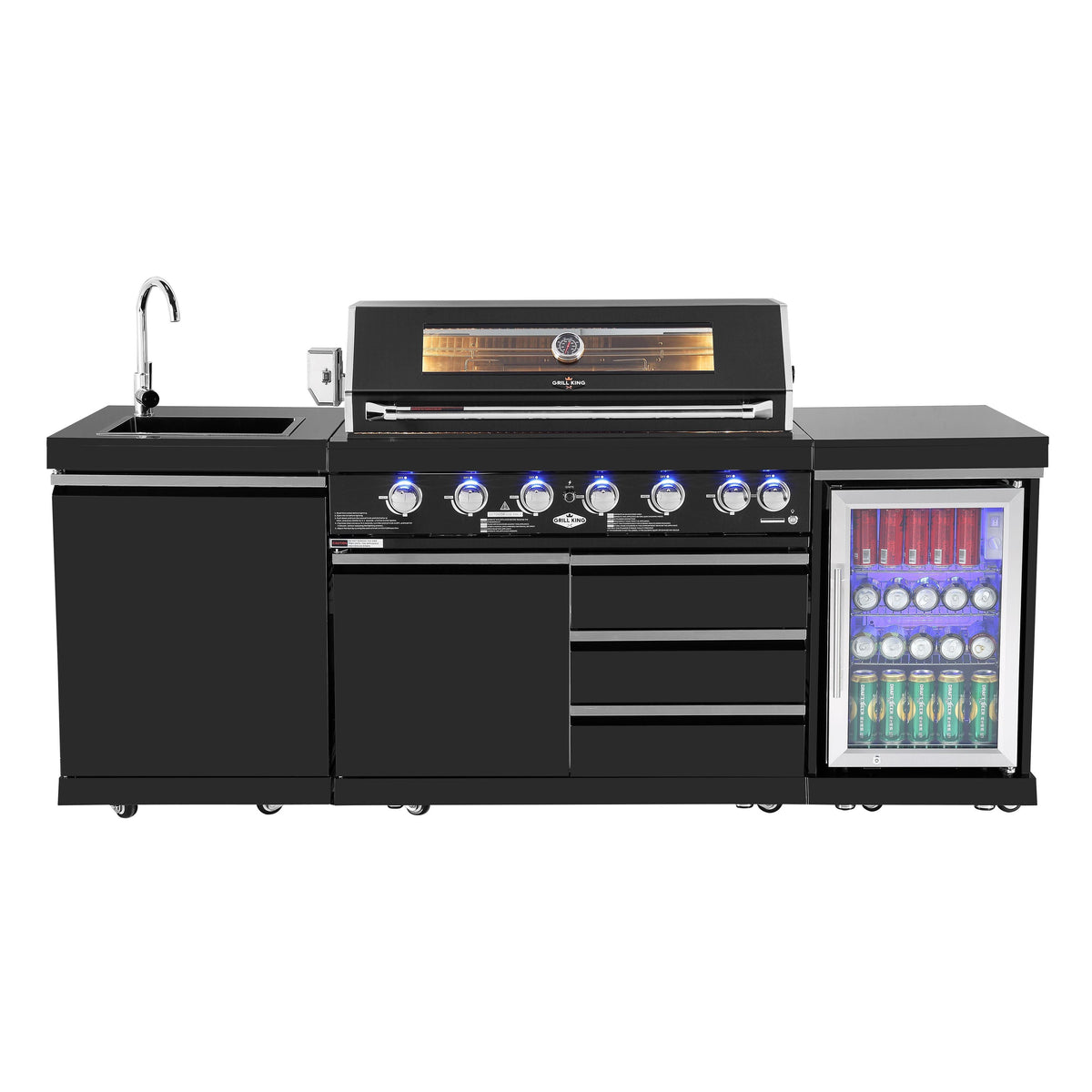 6 Burner Non Wok Black Stainless Steel BBQ Kitchen: Stone Bench, Fridge, Sink, Height Adjustable