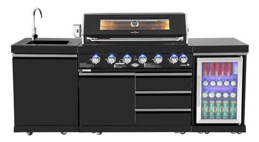 6 Burner Non Wok Black Stainless Steel BBQ Kitchen: Stone Bench, Fridge, Sink, Height Adjustable, Rotisserie with BBQ Cover