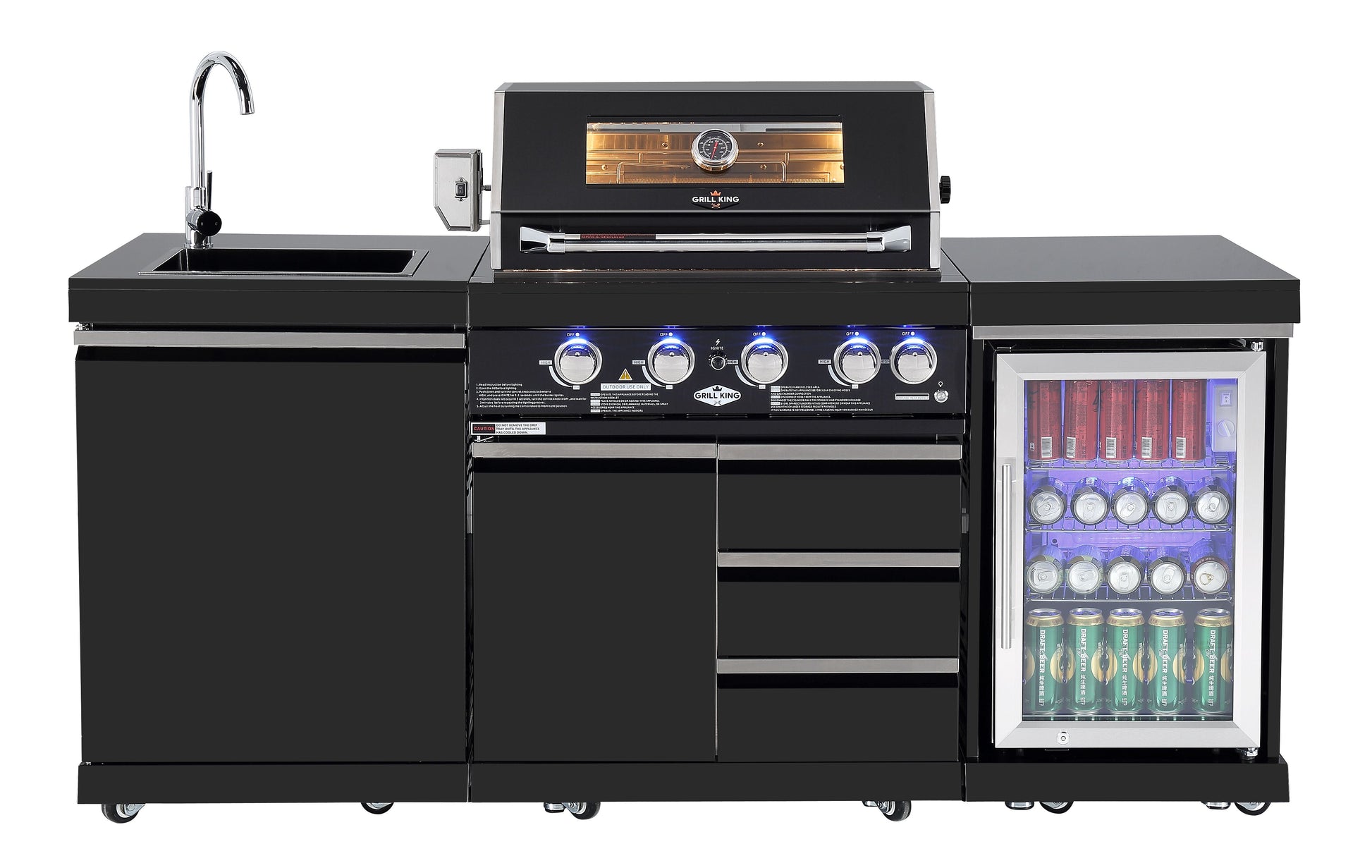 Kingsley 4 Burner Non Wok Black Stainless Steel BBQ Package Inc Pizza Oven, 2DR Fridge, 2DR Sink