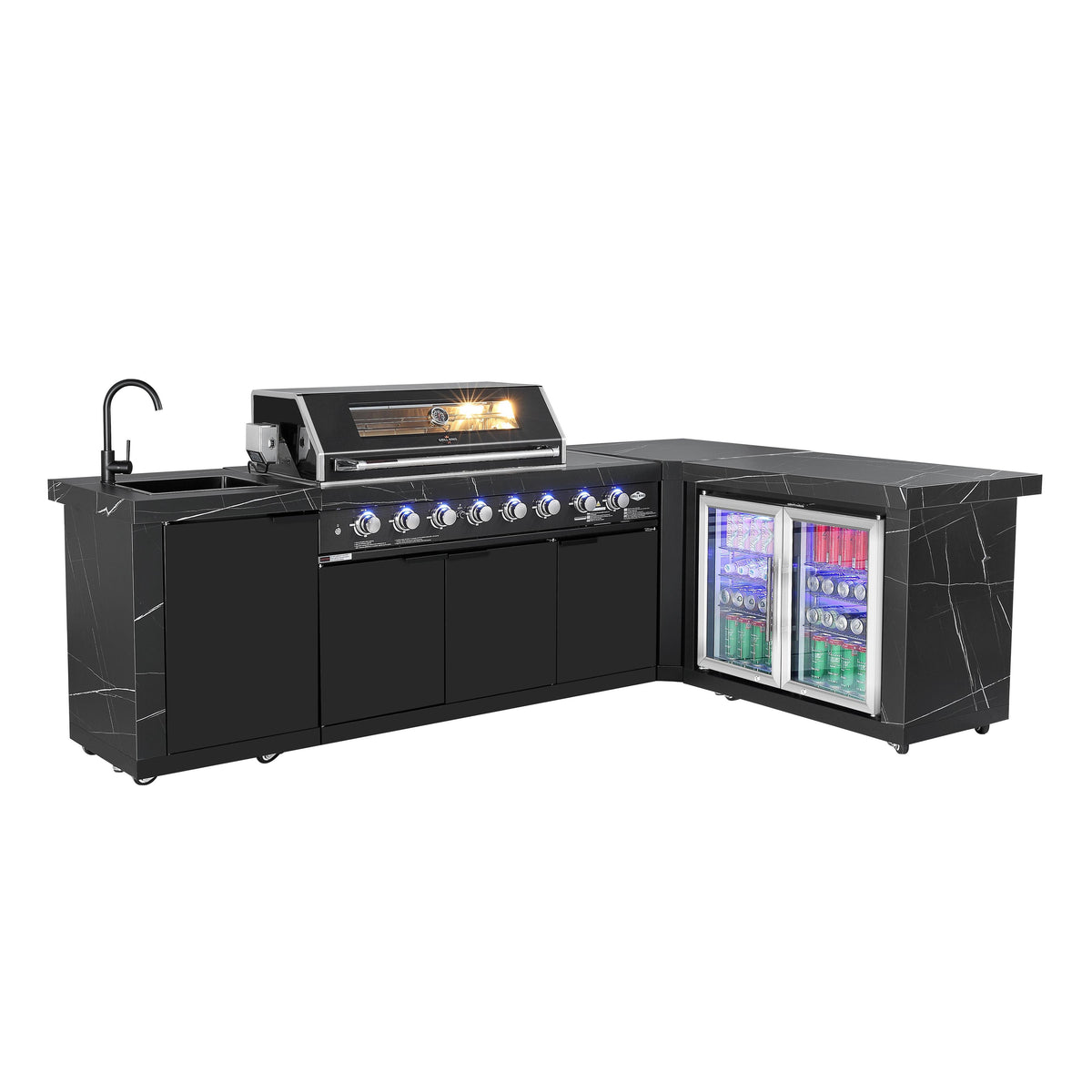 Rockpool Black XL 6B + Wok L Shape Corner Complete Designer Outdoor Kitchen BBQ Package With Fridge, Sink