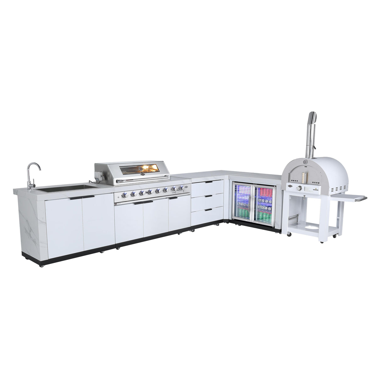 Rockpool White XL 6B + Wok L Shape Corner Complete Designer Outdoor Kitchen BBQ Package With Fridge, Sink