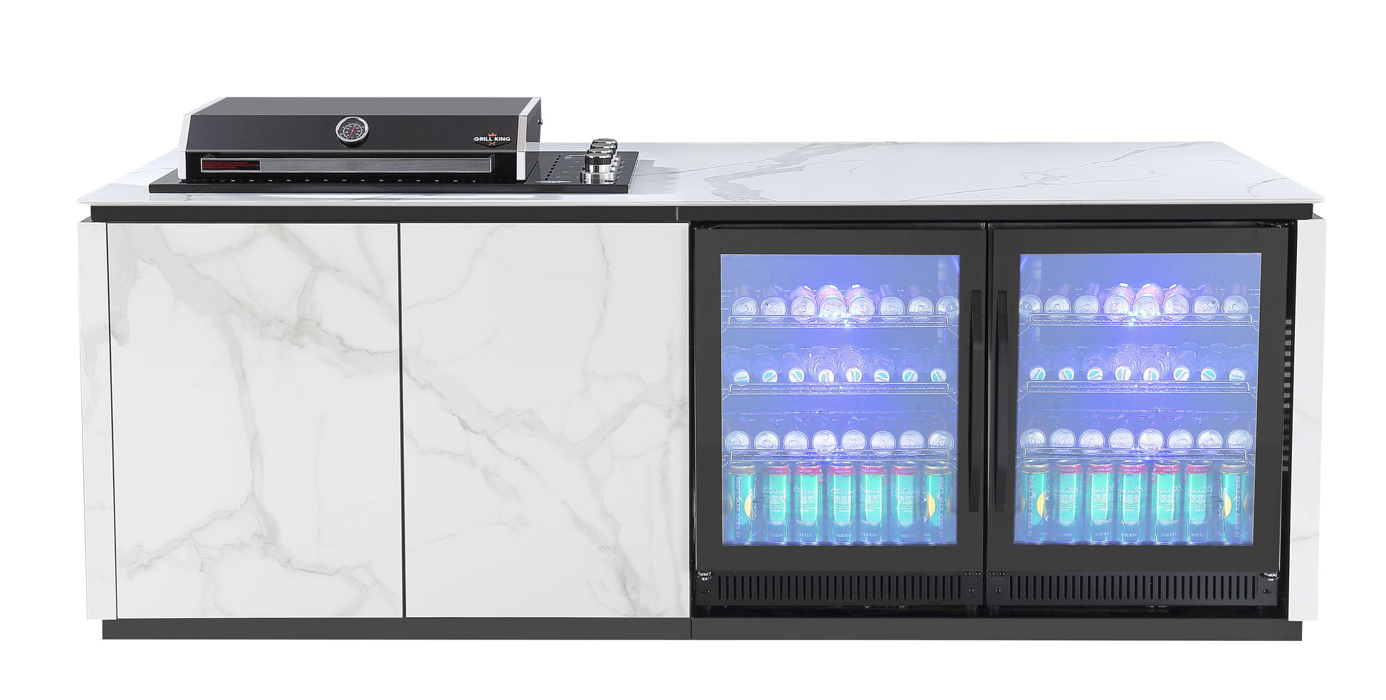 Grill King Bella 4B Drop In | Twin Fridge Alfresco Outdoor BBQ Kitchens Island High Grade White Stone Designer BBQ Inc 2 DR Fridge & BBQ Cover