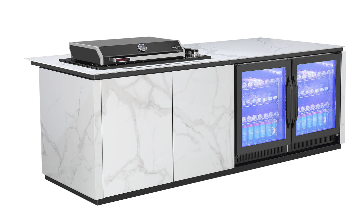 Grill King Bella 4B Drop In | Twin Fridge Alfresco Outdoor BBQ Kitchens Island High Grade White Stone Designer BBQ Inc 2 DR Fridge & BBQ Cover