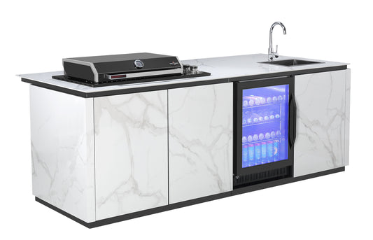 Grill King Bella 4B Drop In Alfresco Outdoor BBQ Kitchen Island | Fridge & Sink Combo High Grade White Stone Designer BBQ Inc Fridge, Sink, Faucet & BBQ Cover