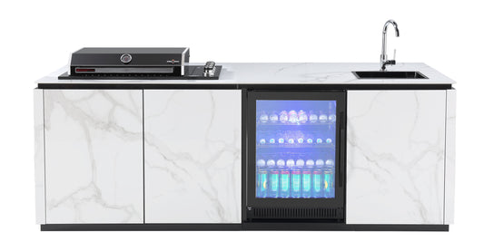 Grill King Bella 4B Drop In Alfresco Outdoor BBQ Kitchen Island | Fridge & Sink Combo High Grade White Stone Designer BBQ Inc Fridge, Sink, Faucet & BBQ Cover