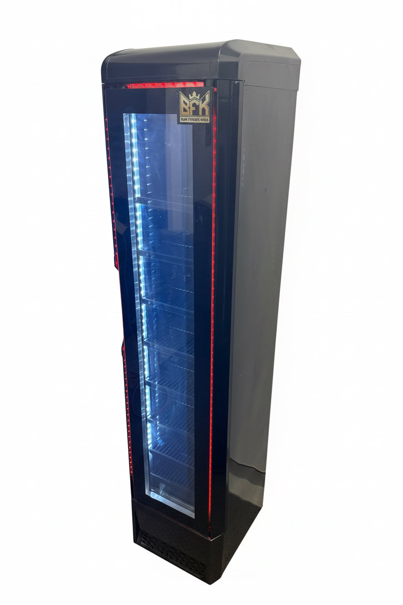 Floorstock Tropical Rated Triple Glazed 135L Commercial Skinny Upright Bar Fridge - Single Door, Black Stainless Steel, Red LED Lighting for Wine & Beverages