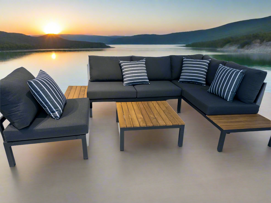 Outdoor Havana Package In Black - Outdoor Aluminum & Acacia Modular Corner Lounge Black Aluminium with Black Fabric