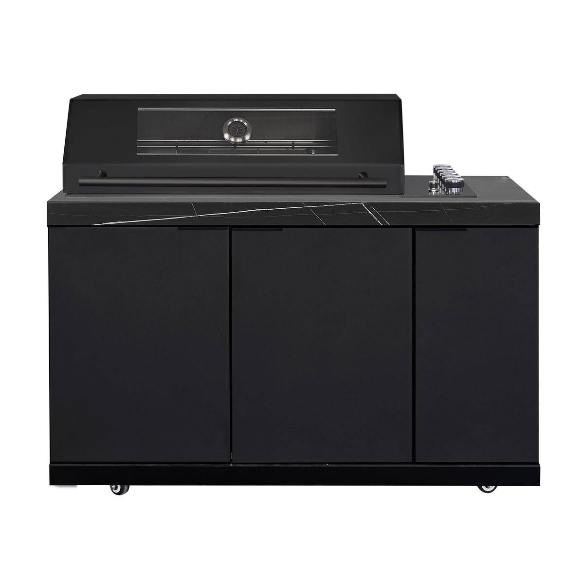Rockpool Black 6B Drop In Raised Hood BBQ Kitchen Inc 3 Draws, Castors, Weather Resistant & Stone Benchtops